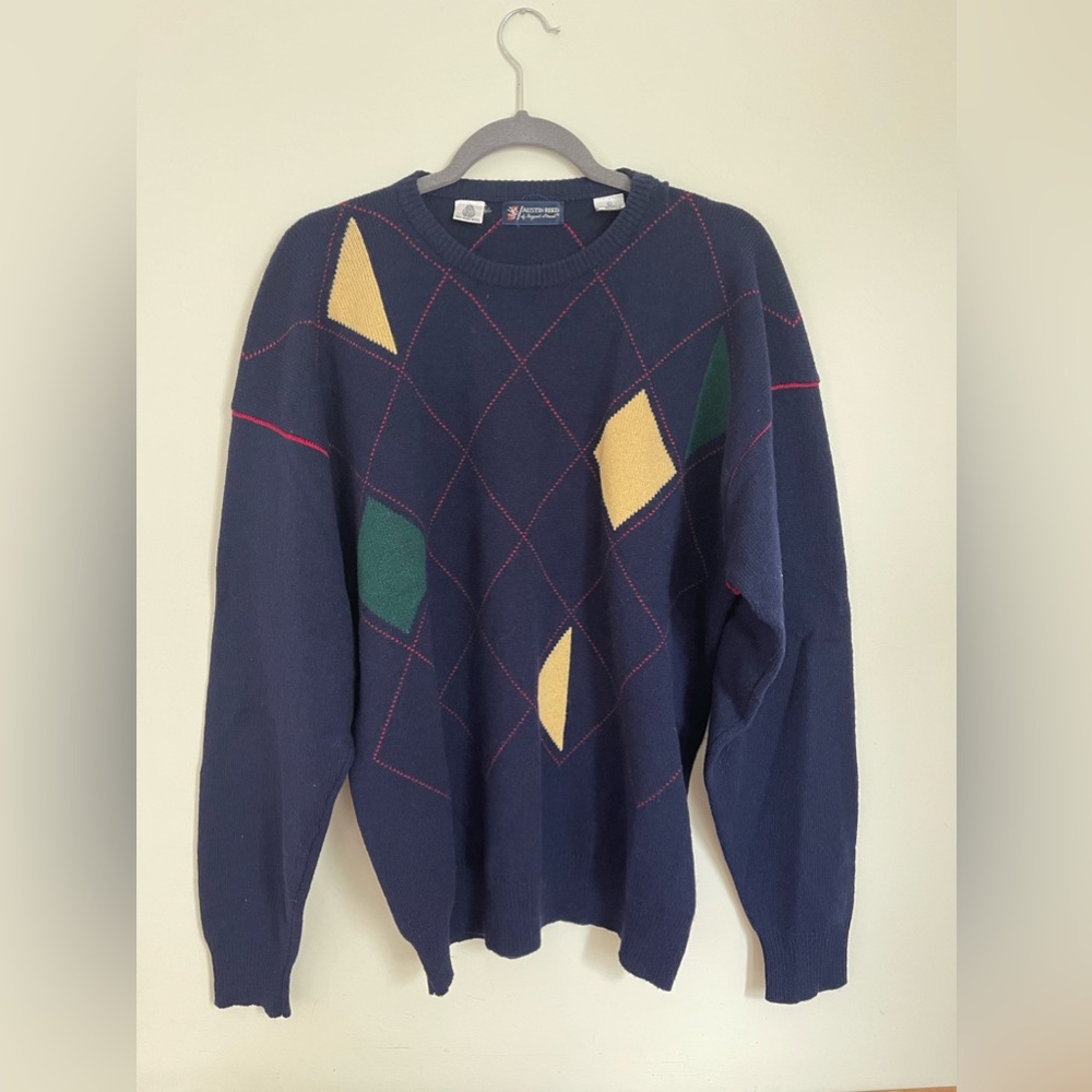 Austin Reed Mens L 100% Lambswool Sweater Navy Blue Argyle Wool Long Sleeve